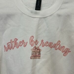 Gildan White Crew Neck Sweatshirt with Pink book Print